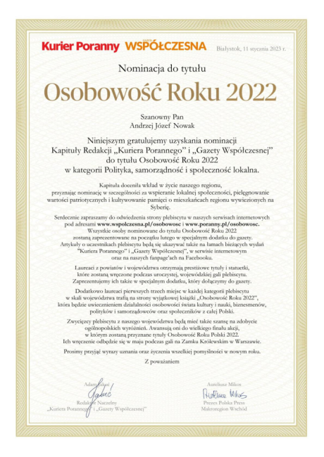 Dyrektor RDLP w Białymstoku nominowany do tytułu Osobowość Roku 2022