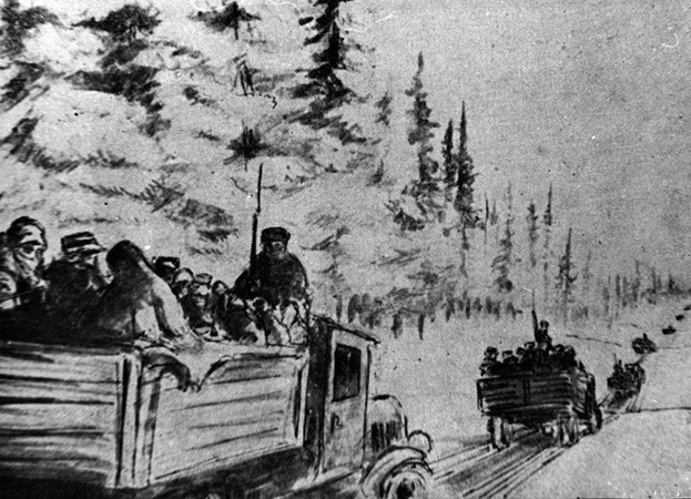 Transport&#x20;więźniów&#x20;odkrytymi&#x20;ciężarówkami&#x20;po&#x20;drodze&#x20;z&#x20;drewnianych&#x20;okrąglaków&#x20;w&#x20;okolicy&#x20;Kotłasu&#x20;w&#x20;lutym&#x20;1940r&#x2e;&#x20;Rysunek&#x20;nieznanego&#x20;łagiernika&#x2e;&#x20;Źródło&#x3a;&#x20;ipn&#x2e;gov&#x2e;pl